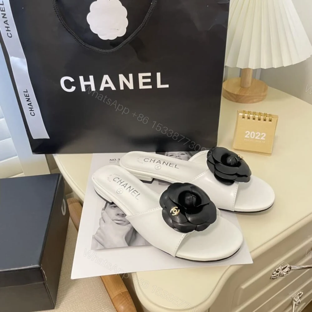 View 4 of Chanel Black Camellia Slides White