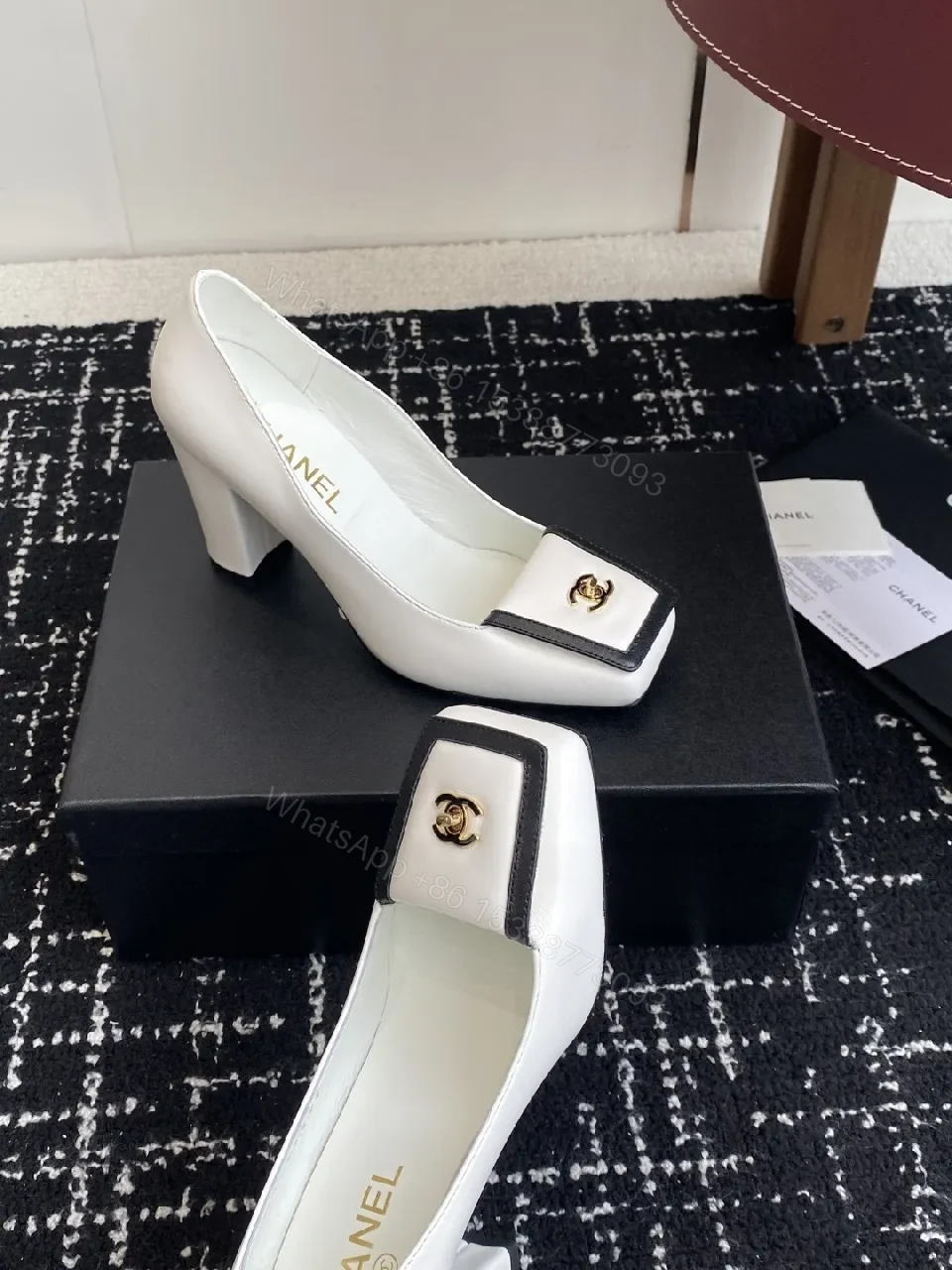 View 6 of White Leather Block-Heel Pumps with Gold Crest Accent
