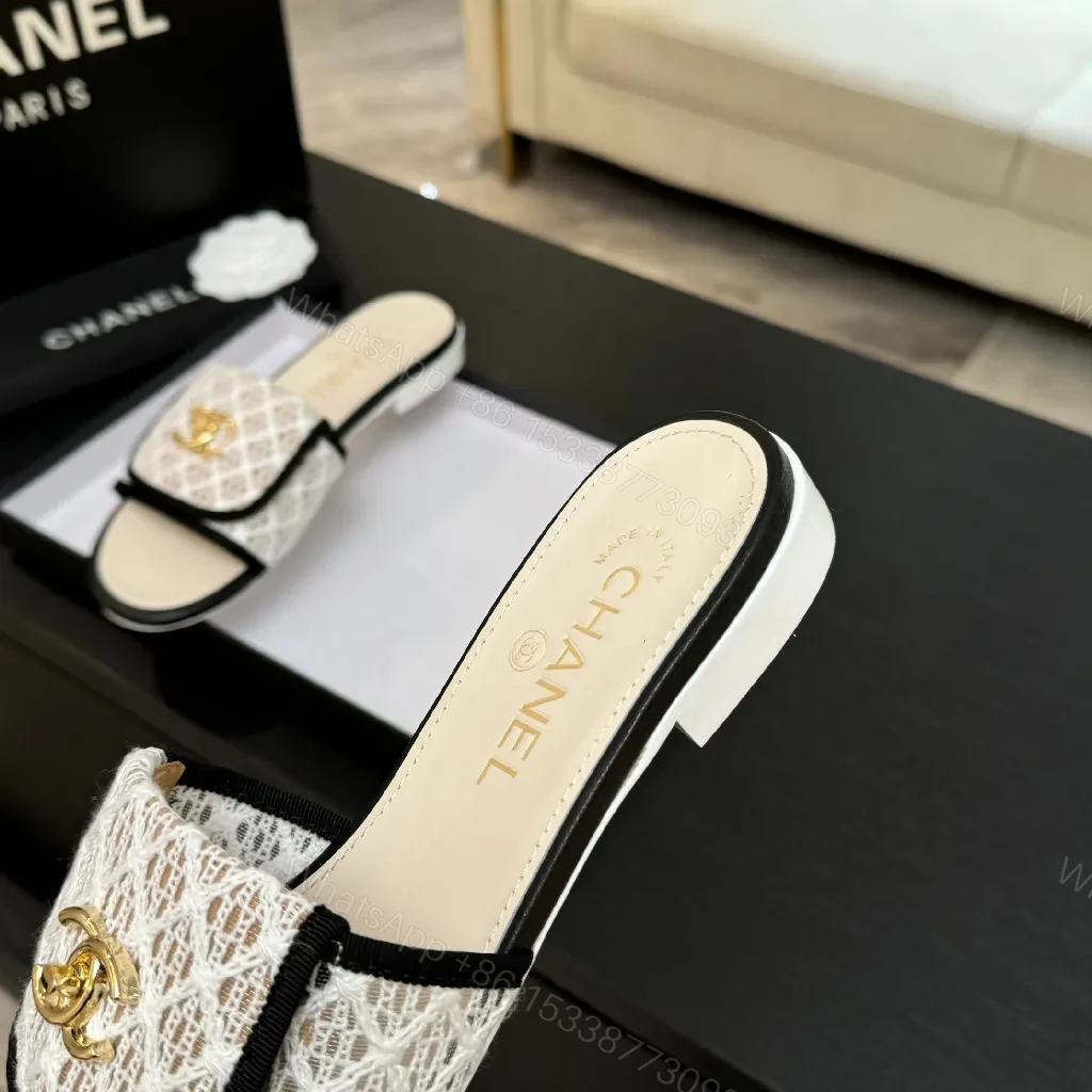 View 5 of Lace-Textured Slide Sandals with Gold Emblem, Open-Toe, Luxury Style