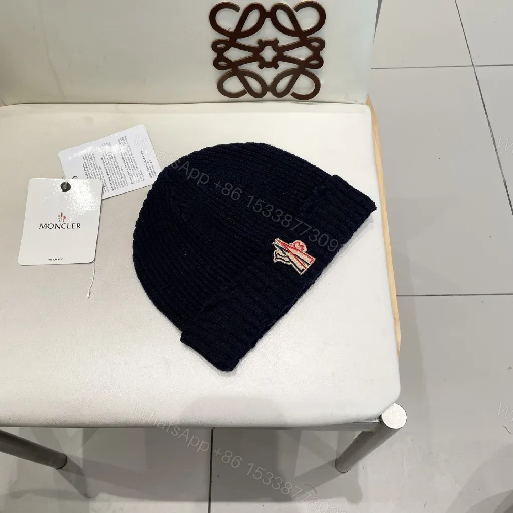 View 5 of Navy Knit Beanie + Lux Embroidered Moncler Emblem