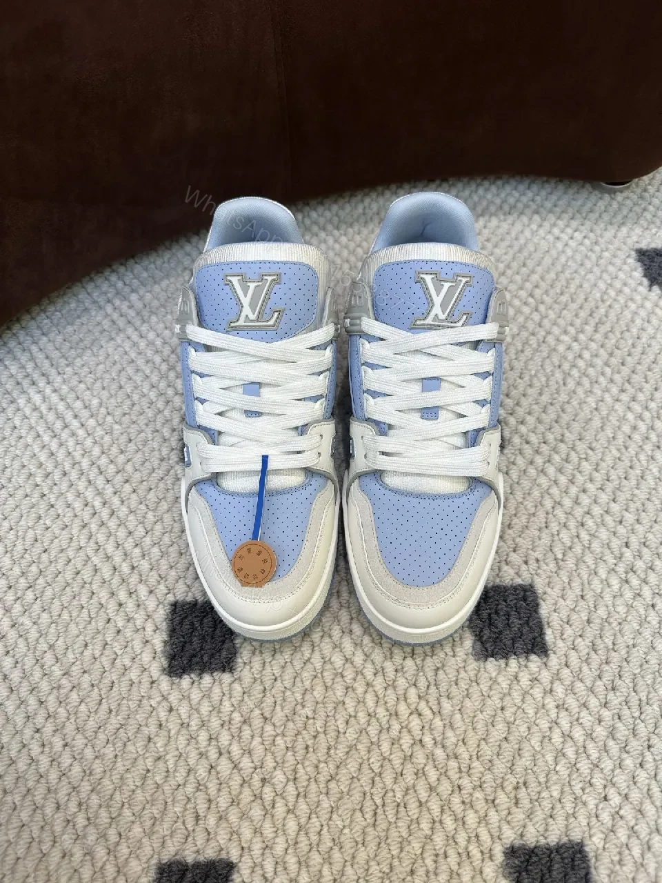 View 3 of Light-Blue Perforated Panels Modern Low-Top Sneakers with LV-Inspired Accents