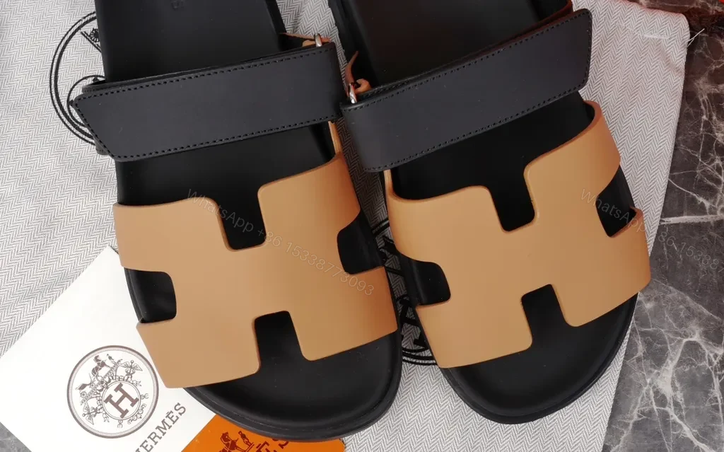View 7 of Hermes Oran Leather Slides â€” H-Cutout, All-Day Comfort, Black/Tan