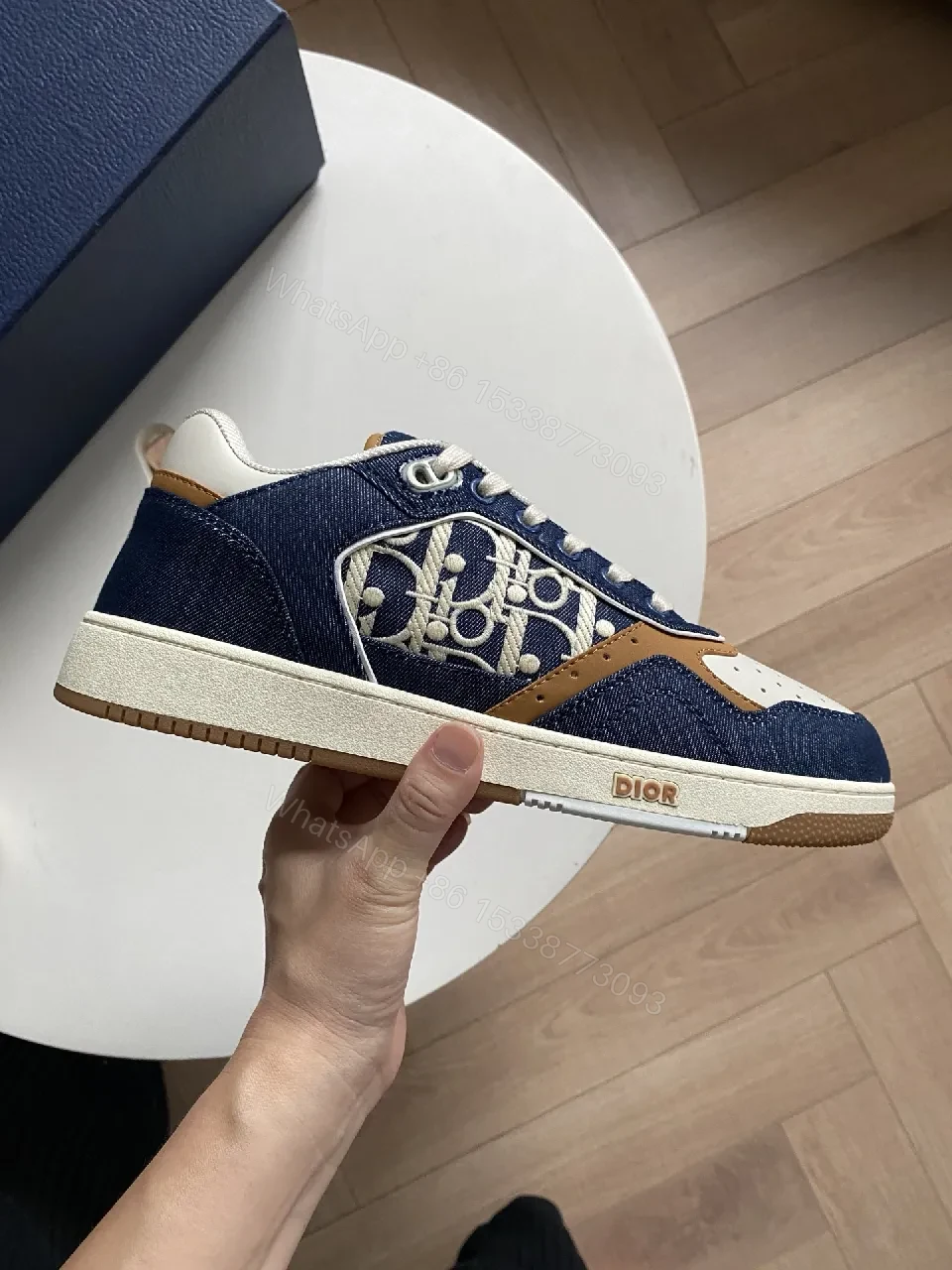 View 3 of Denim-Texture Sneaker with Signature Panel Detailing High-Top Style