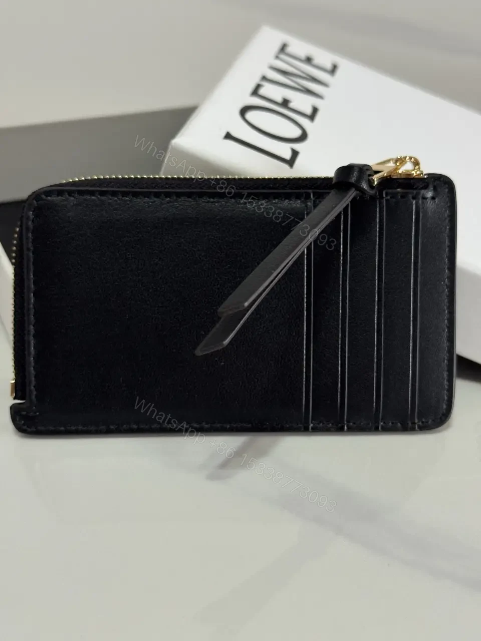 View 6 of Black Leather Color-Block Card Wallet with Gold Zipper and LOEWE Logo