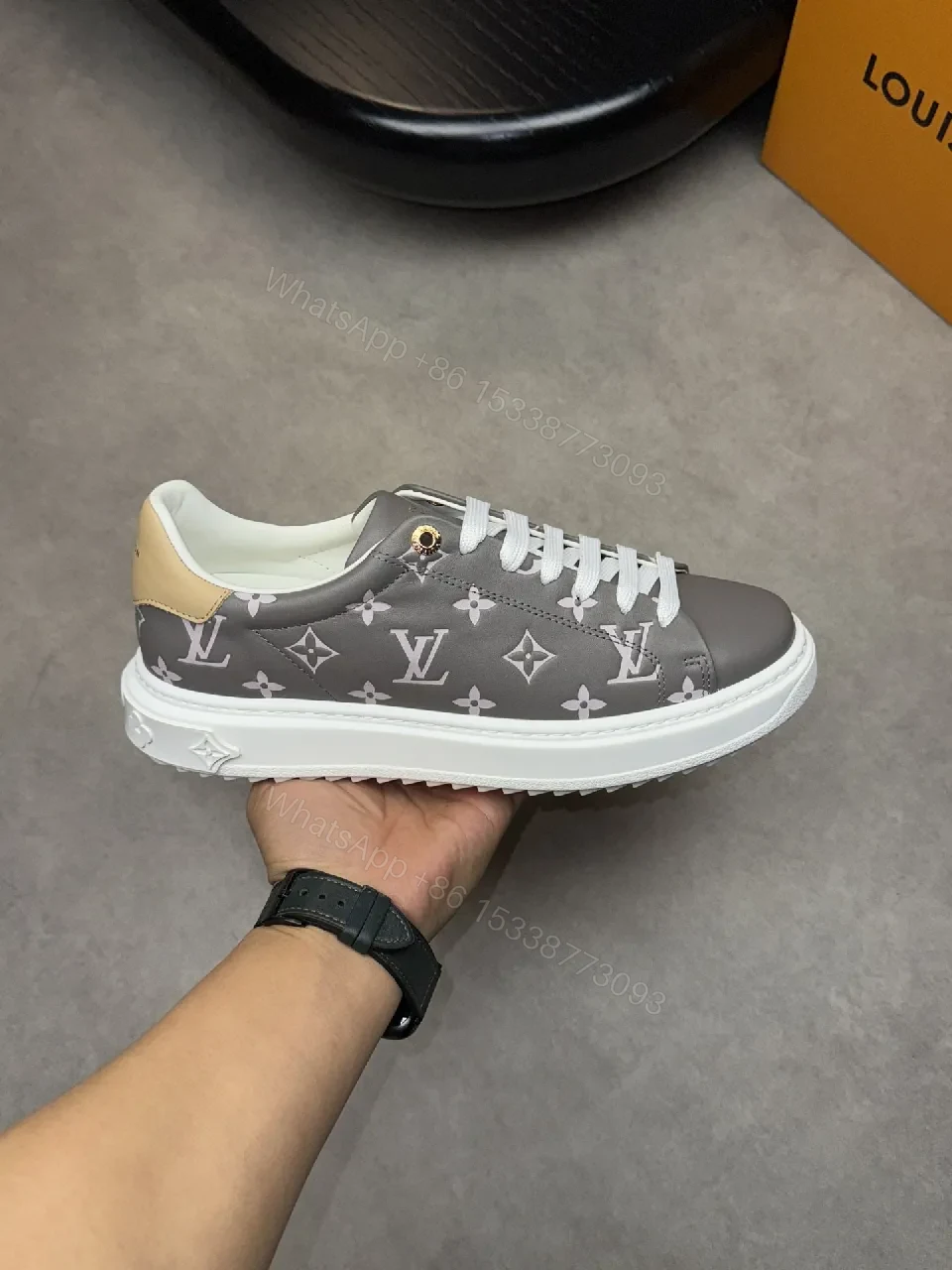 View 7 of Grey Monogram Leather Sneakers with Metallic Accents