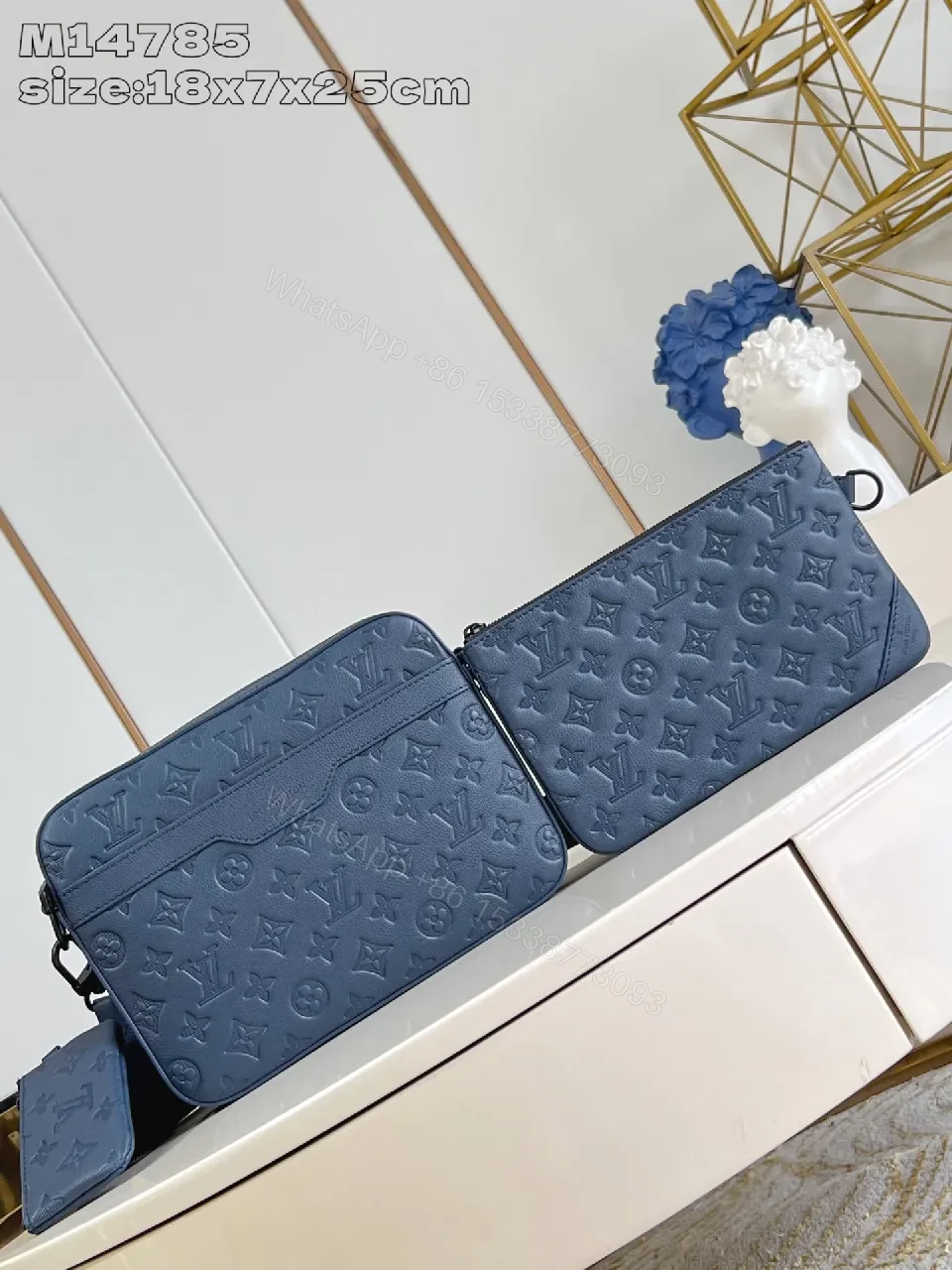 View 5 of Blue Monogram Wallet-on-a-Strap: Compact, Multi‐Compartment Leather-style