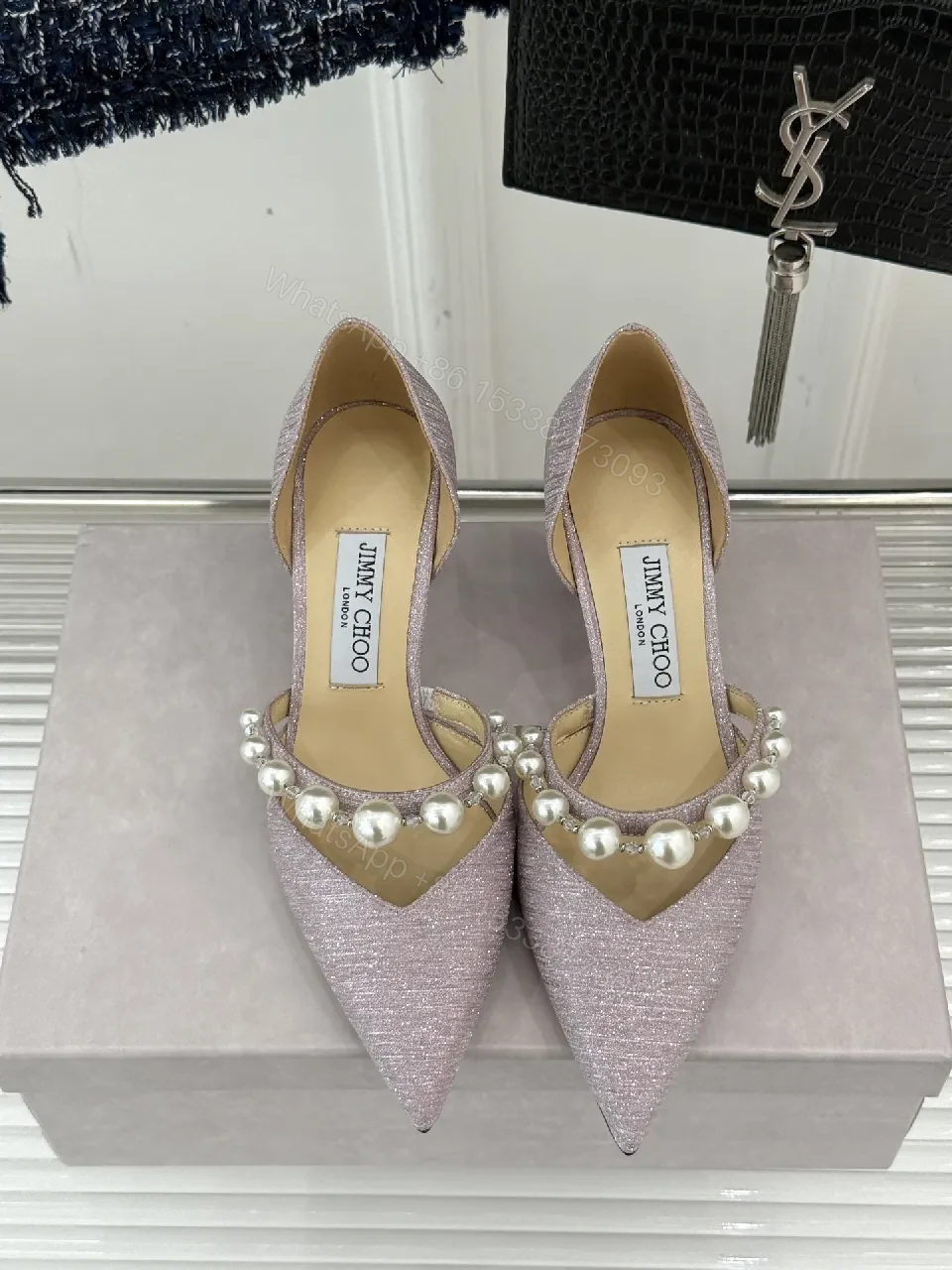 View 5 of Lavender Pearl Embellished Pointed-Toe Heels, Luxe
