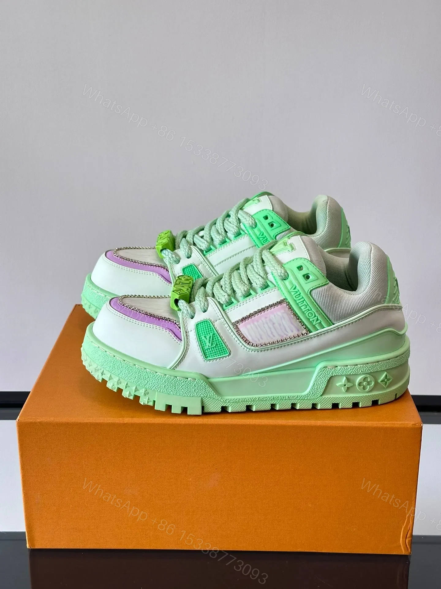 View 3 of LV Men Light Green Leather Sneakers