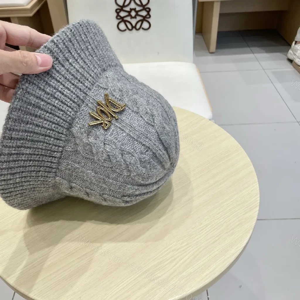 View 2 of Textured Wool Cap with Gold Logo Knit Hat, Grey, Luxury Style