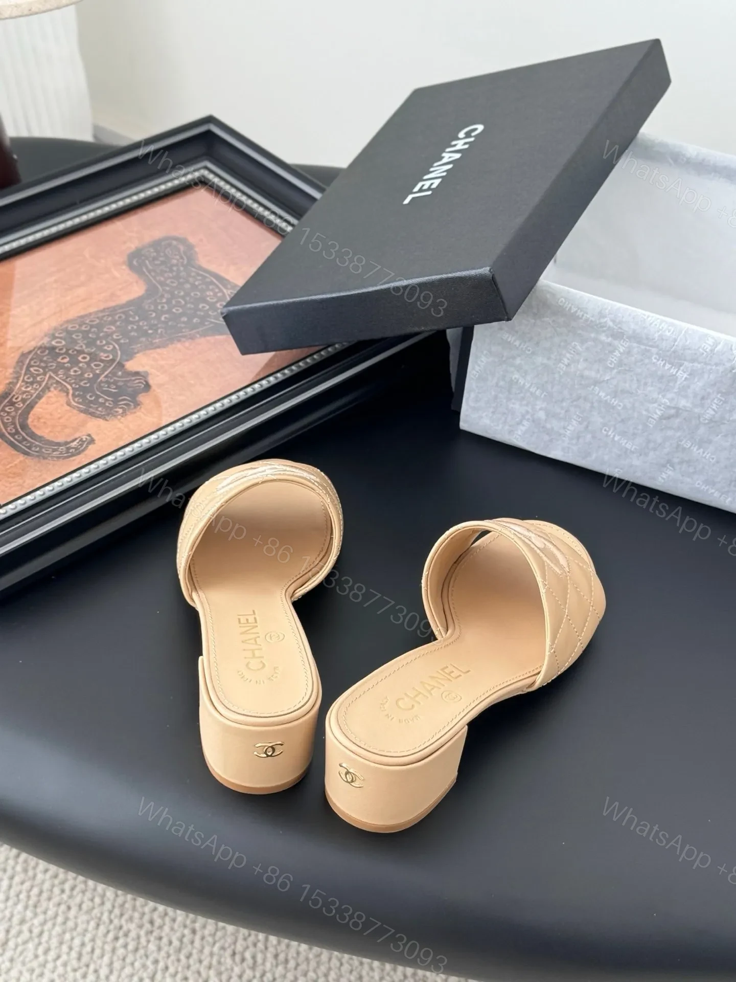 View 5 of Chanel Women Beige Leather Quilted Slides
