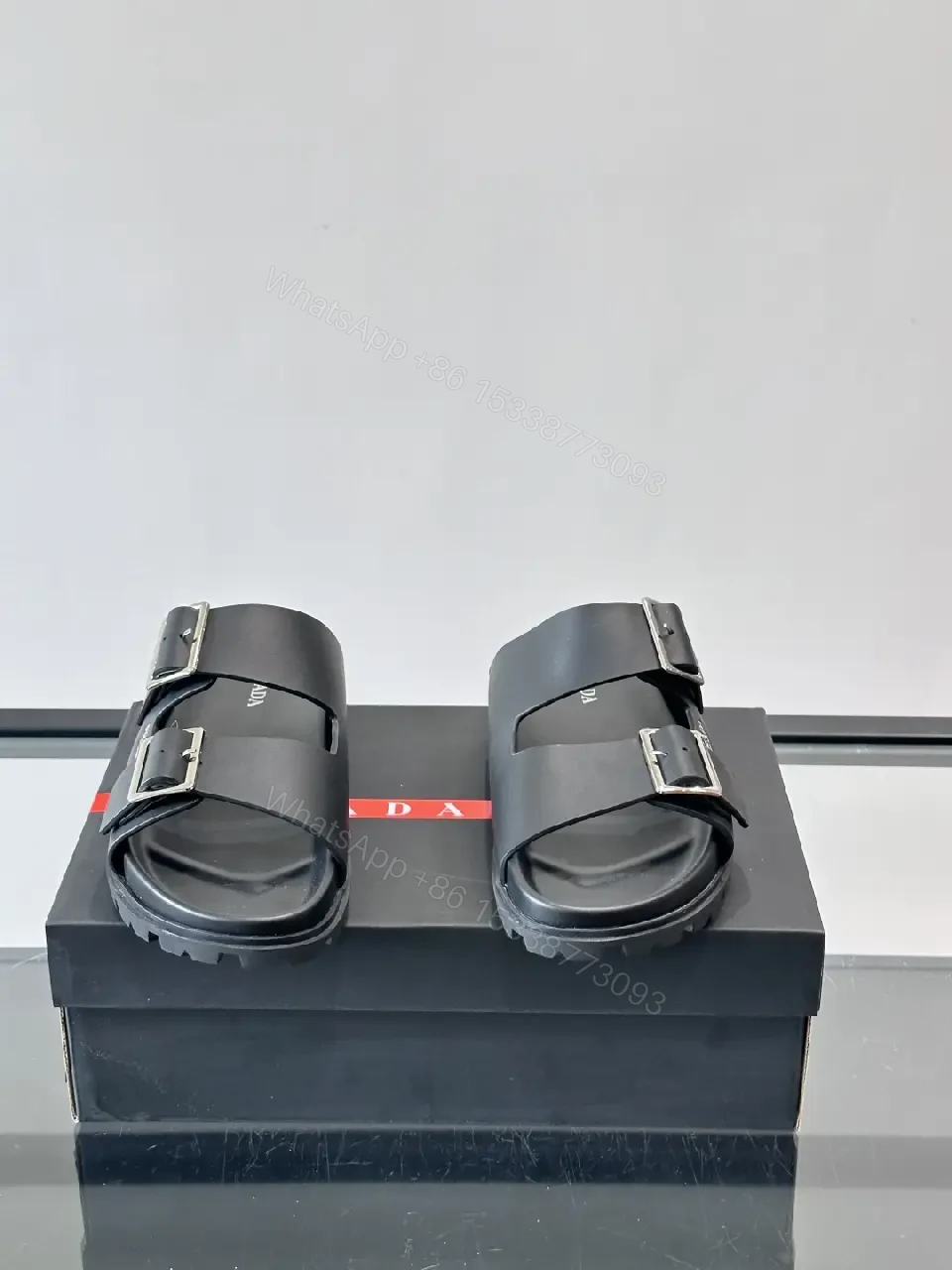 View 6 of Black Leather Double-Buckle Sandals — Prada Style Sliders