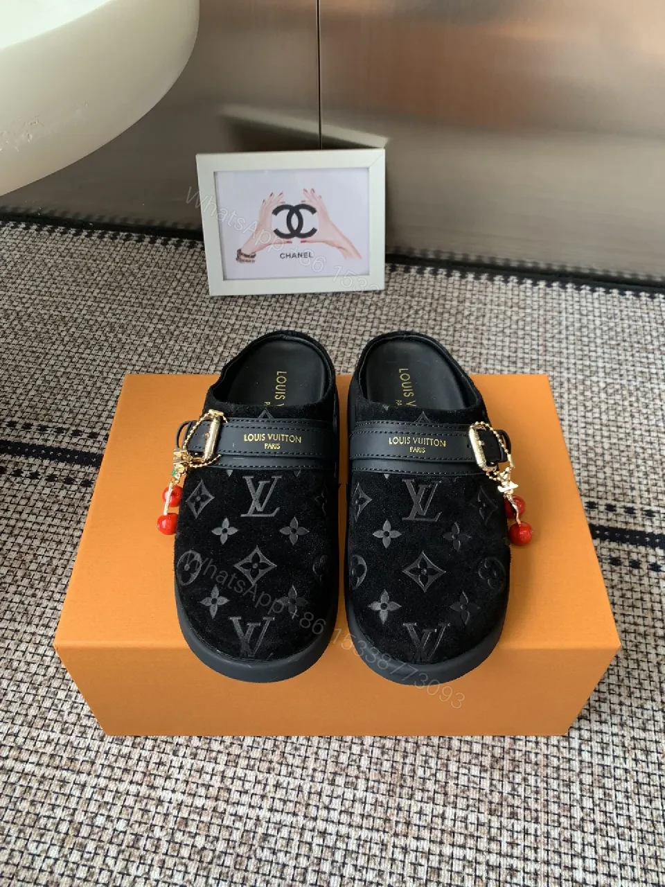 View 2 of Monochrome Velvet Slip-Ons with Gold Hardware
