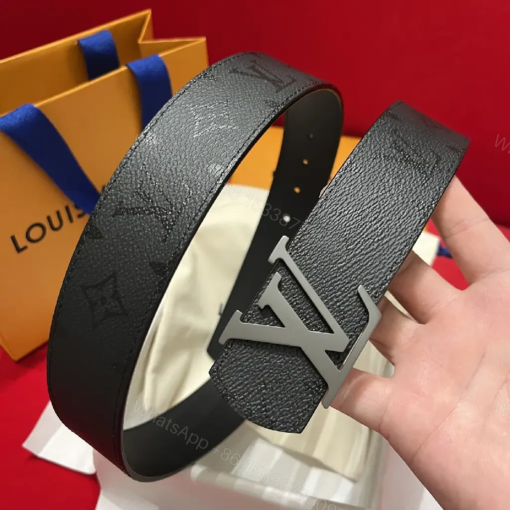 View 6 of Black Leather Belt Sleek Modern Pebbled Texture LV Buckle Belt