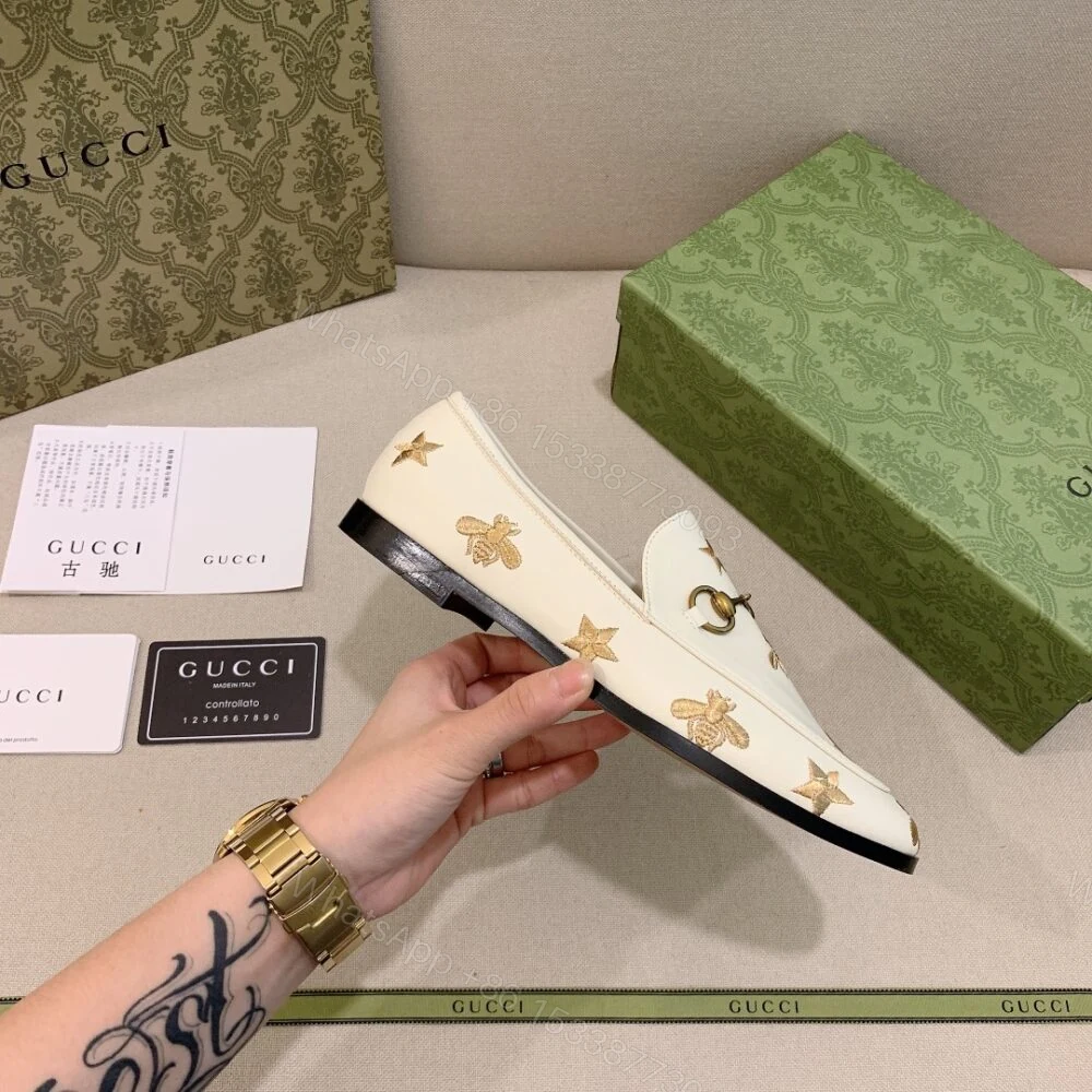 View 4 of Gucci Jordaan Embroidered Bee And Starleather Loafer White