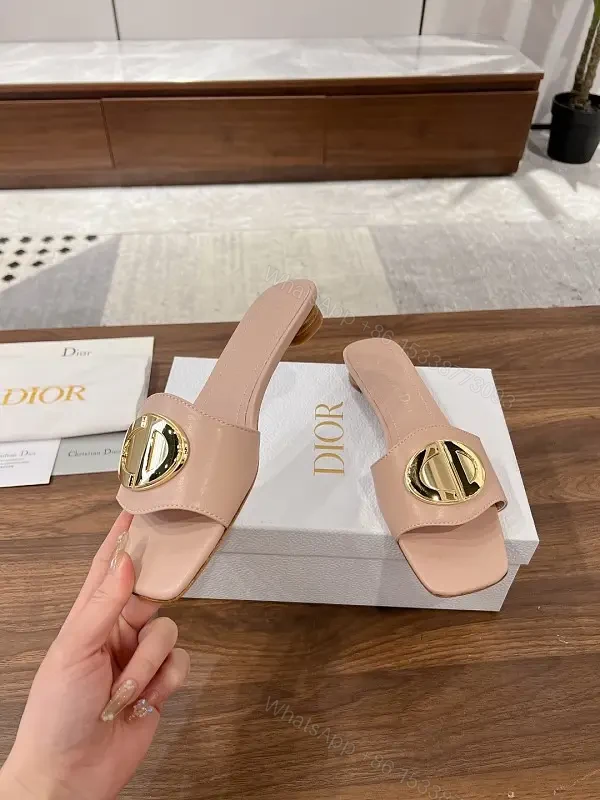 Blush Pink Leather Modern Gold Logo Dior Slides — view 1