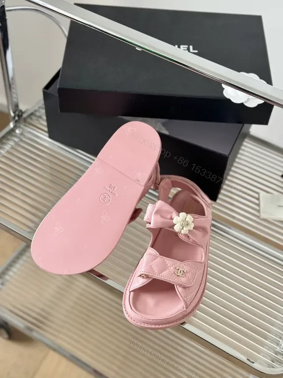 View 5 of Pink Leather Sandals â€“ Chanel-Inspired, Floral Accents, All-Day Comfort