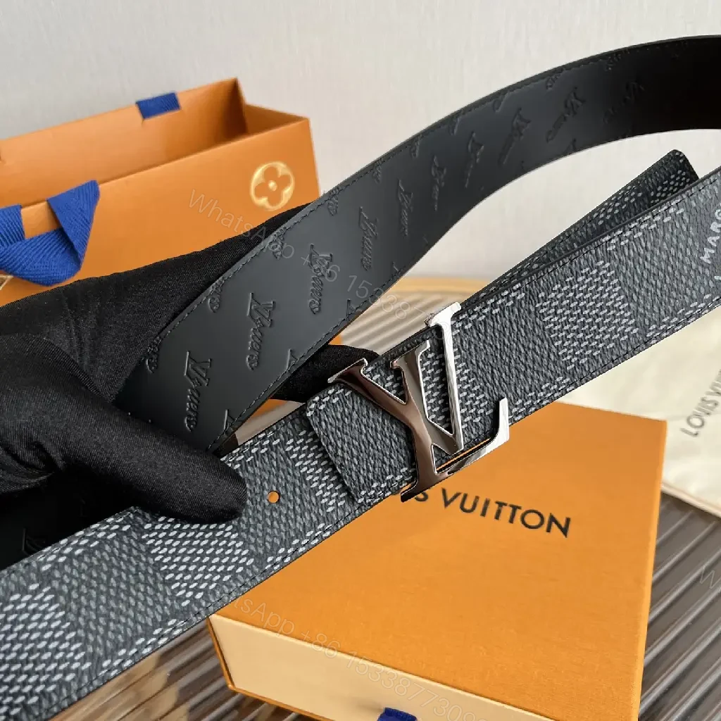 View 3 of Black & Gray Belt with LV Buckle - Modern Geometric Monogram Strap