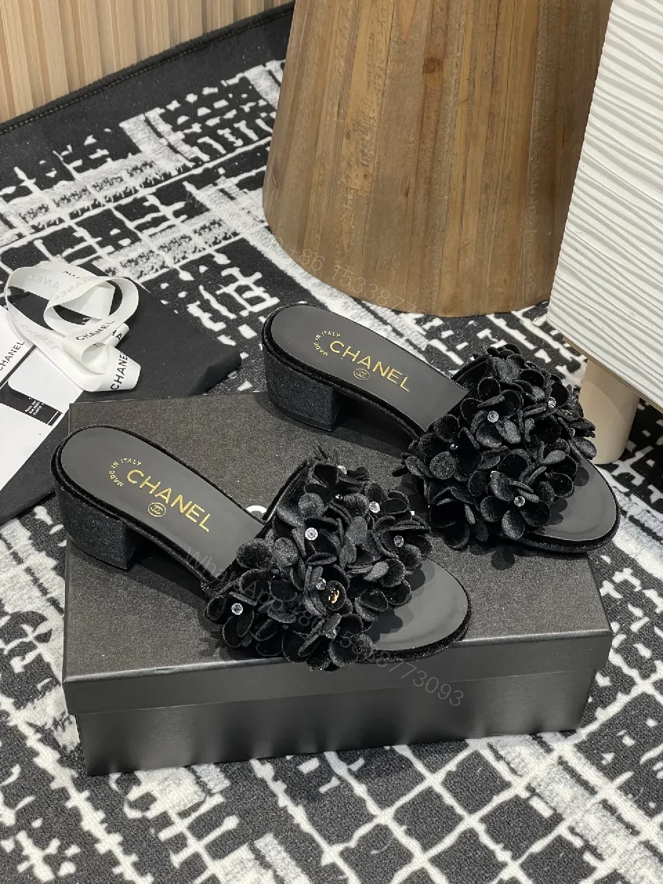 View 9 of Velvet Petal Slip-Ons: Black Crystal-Embellished Slides