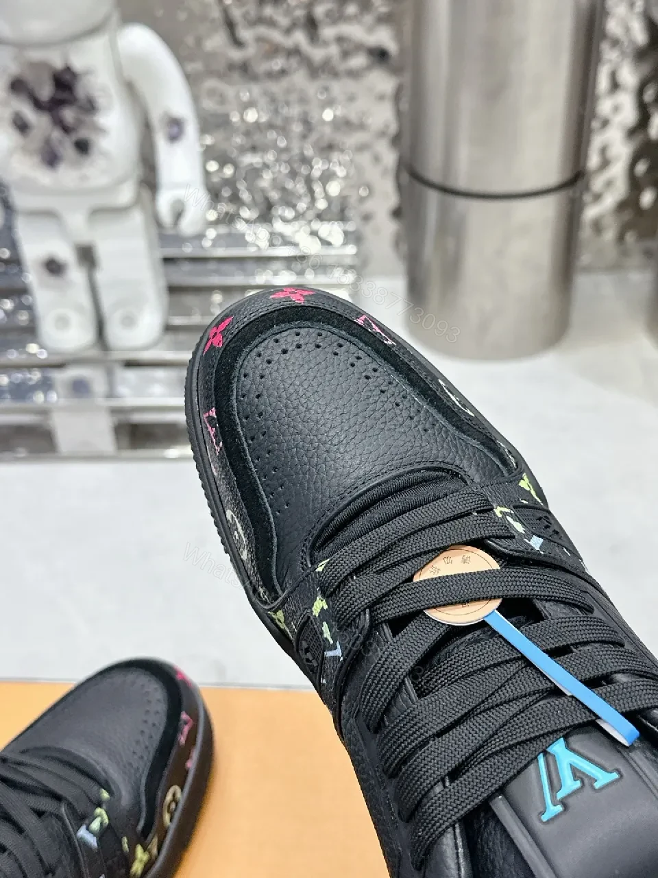 View 5 of Multicolor LV-Embellished Black Leather High-Tops Sneakers