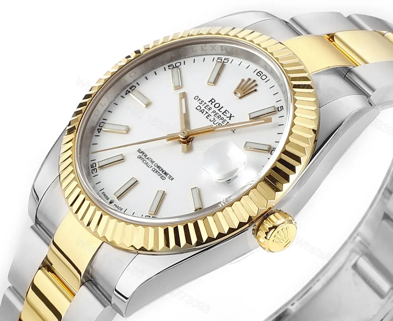View 4 of Rolex Datejust 41 Yellow Rolesor Fluted Oyster White Dial Watch 126333-0015