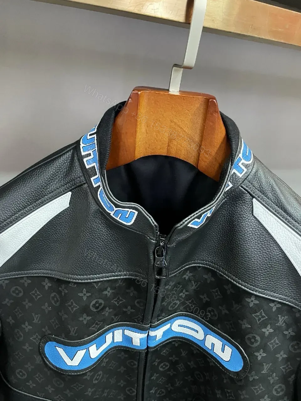 View 2 of Bold Contrast Leather Jacket Monogram Panels, Luxe Style