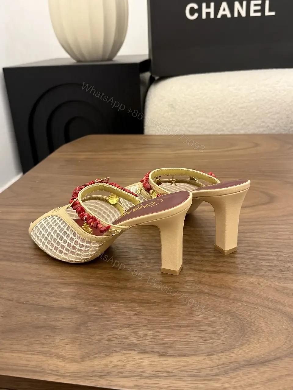 View 7 of Beige Mesh Leather Vintage Red Embellishments Chanel Heels