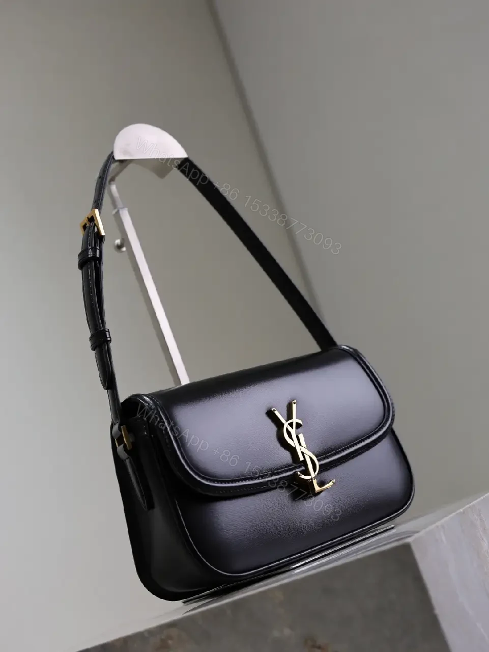 View 3 of Compact Black Leather Shoulder Bag with Gold Hardware