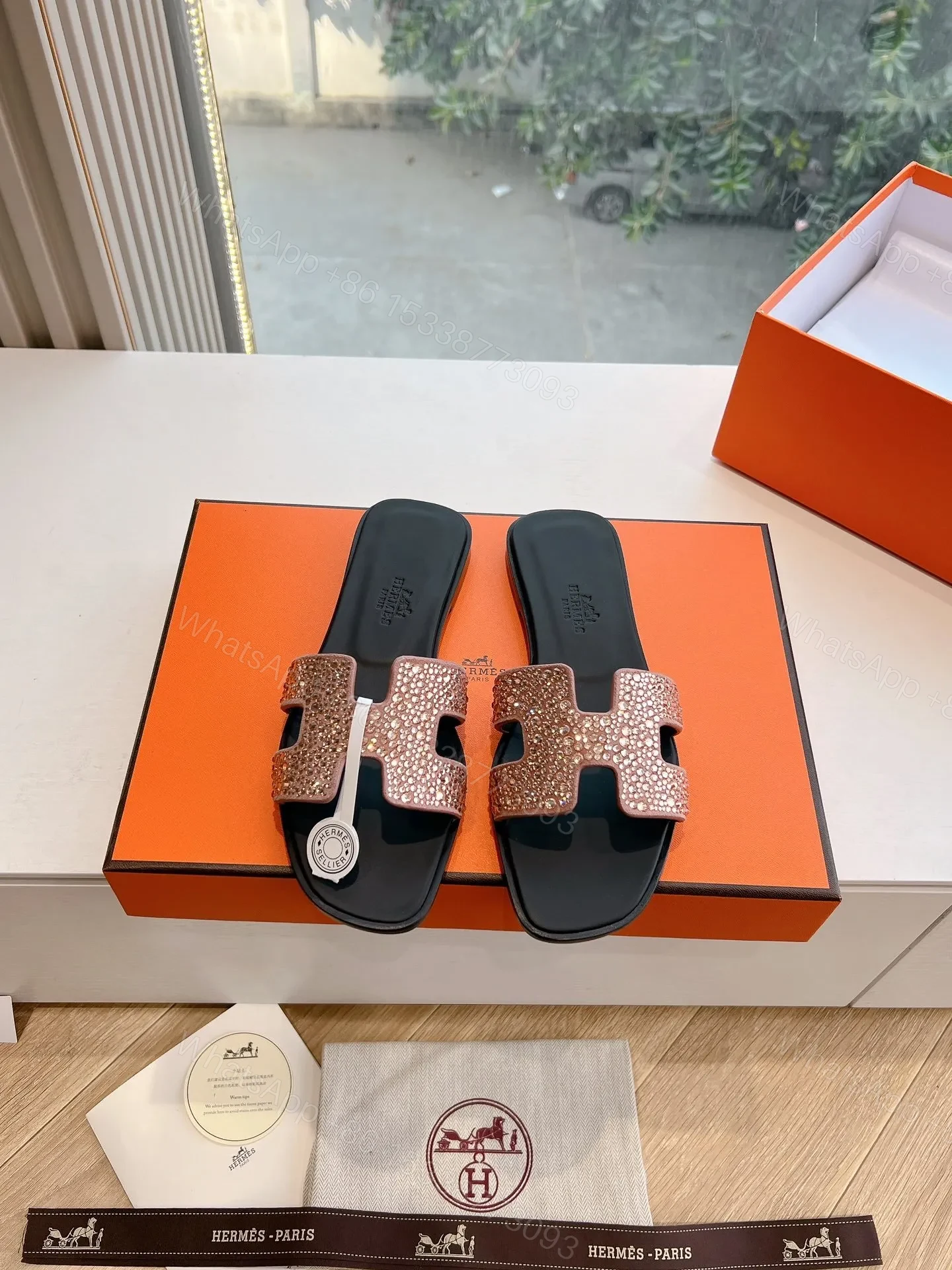 Hermes Women Rose Gold Crystal Leather Sandals — view 1