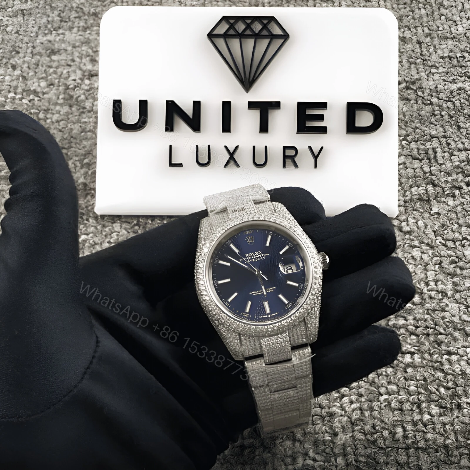 View 2 of Rolex Datejust White Gold Blue Dial Iced Out 126300 Replica