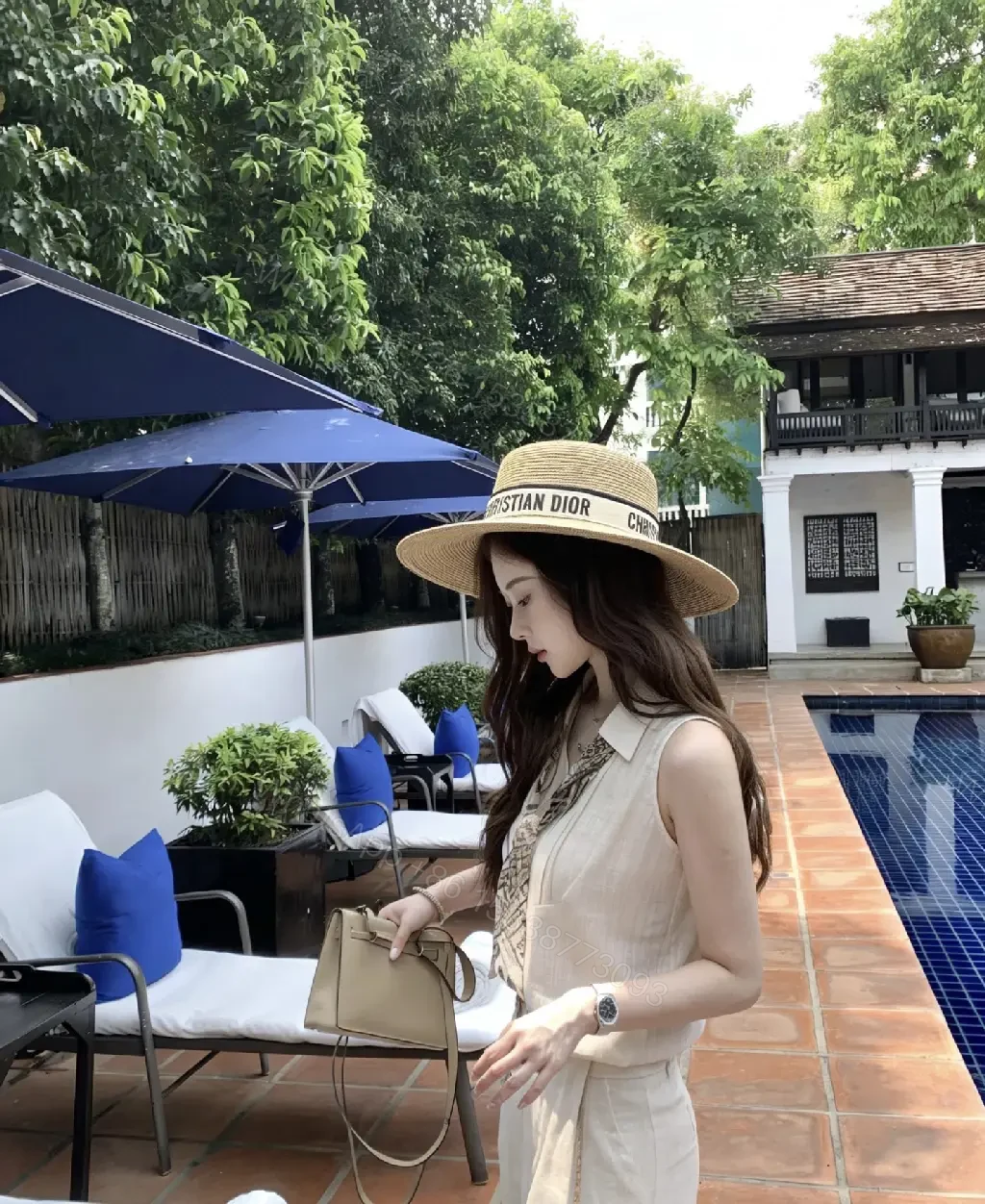 View 9 of Light Beige Straw Fedora Boater Hat with Black-White Band (Christian Dior)