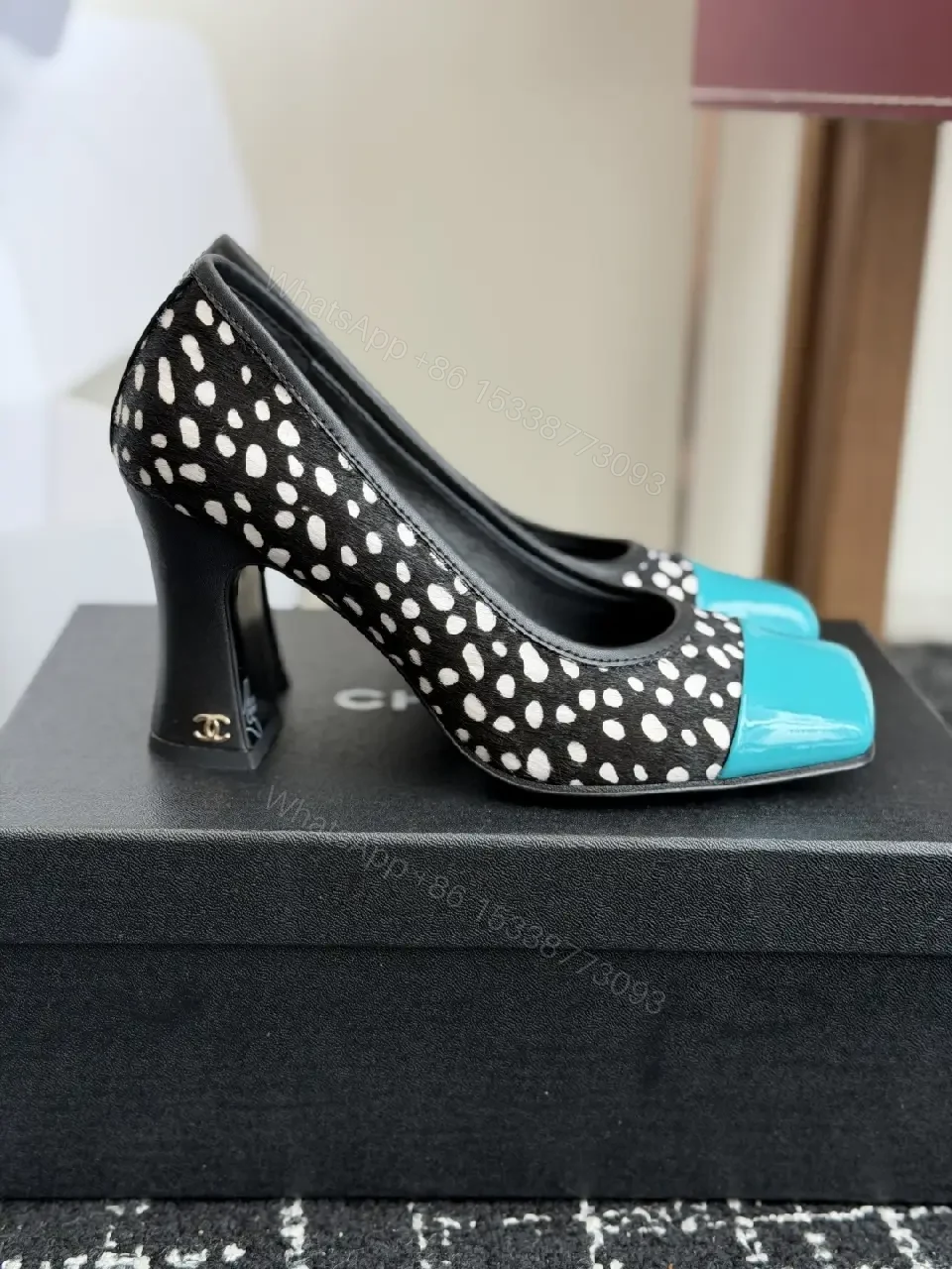 View 8 of Black/White Polka Dot Heels with Turquoise Cap Toe, Block Heel Style, Chanel-inspired, Pump