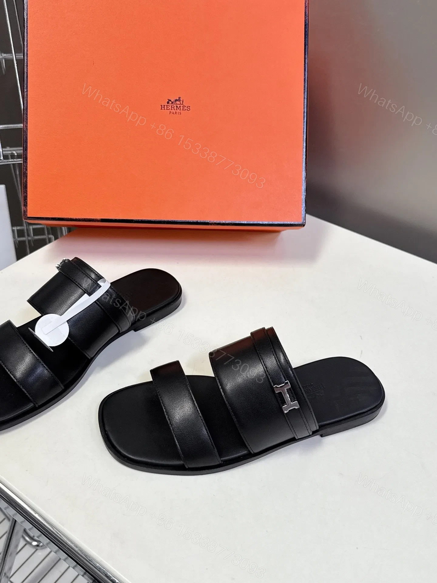 View 3 of Hermes Women Black Leather Flat Sandals