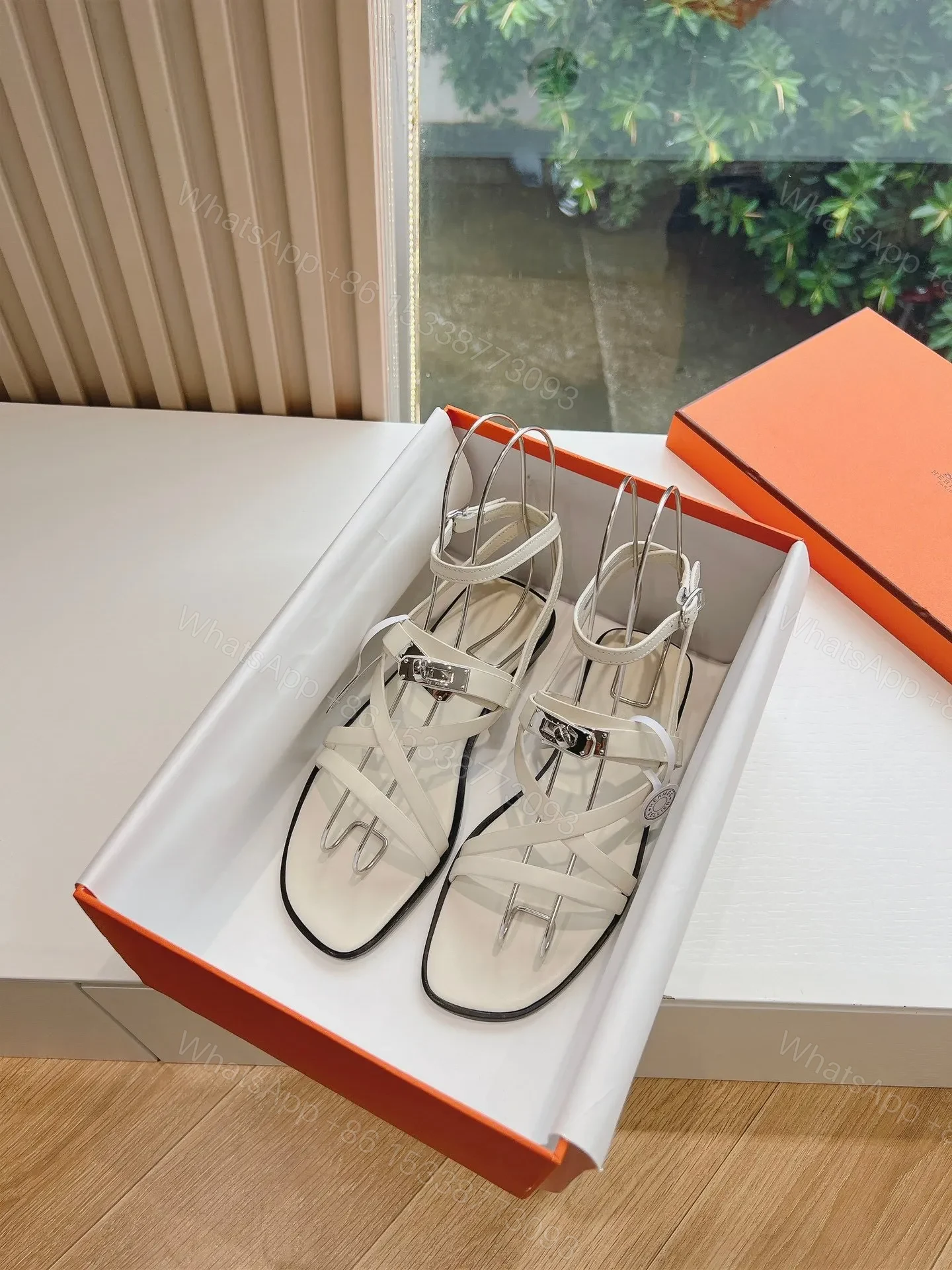 View 3 of Hermes Women White Leather Strappy Sandals