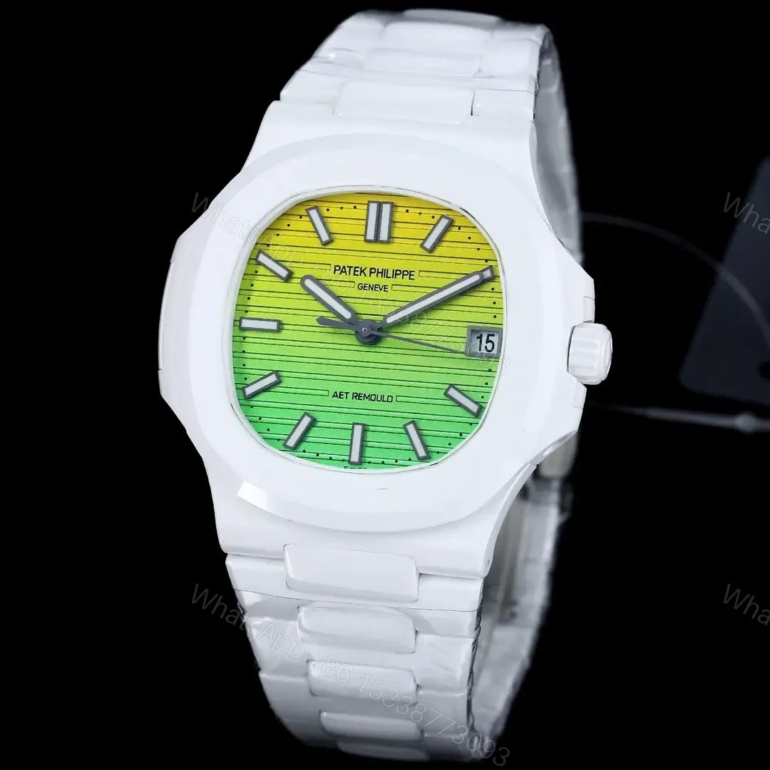 View 2 of Patek Philippe Green Yellow Nautilus Watch White Ceramic Bracelet Ultimate 40MM PP-NAU-GRN-YEL-WCER40