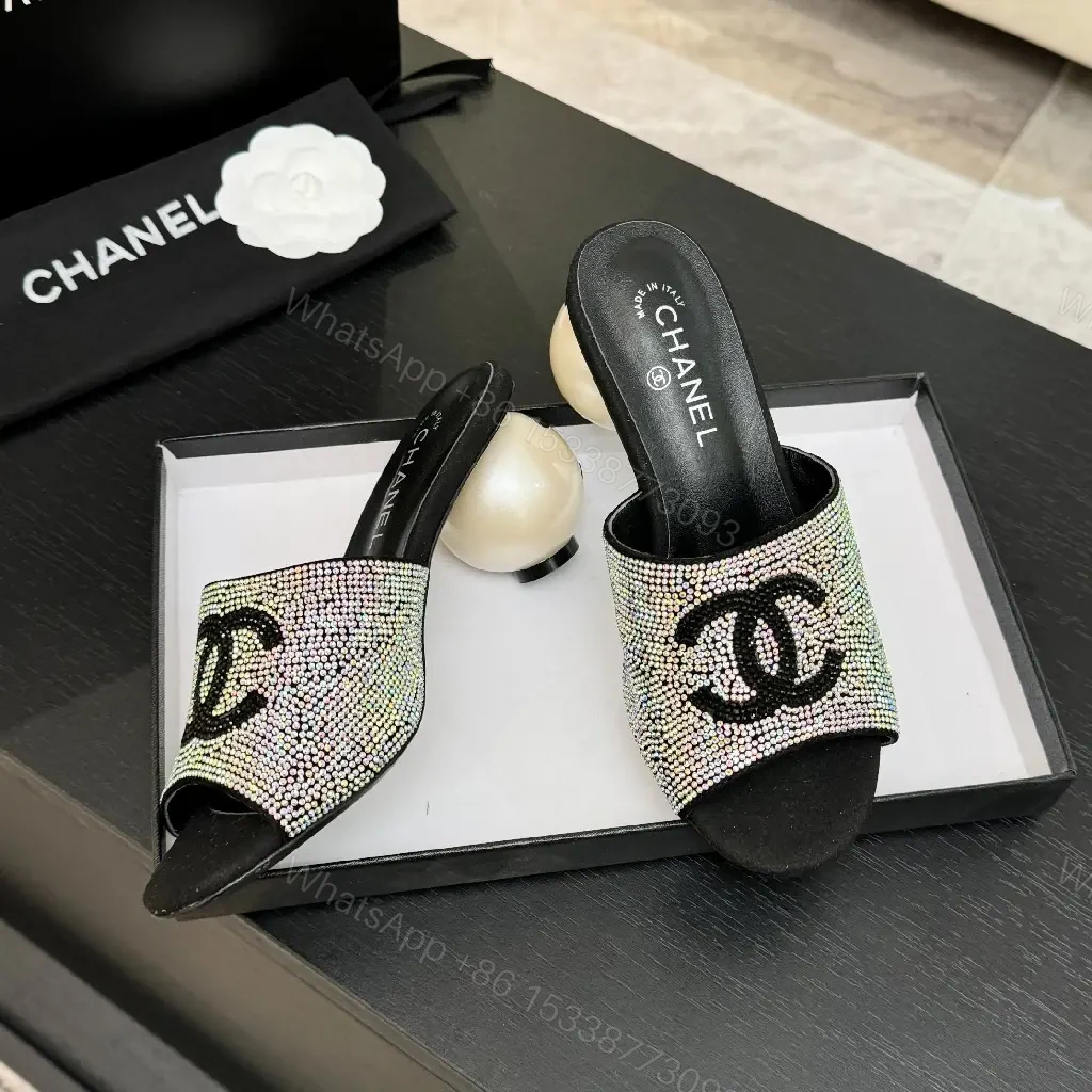 View 5 of Black Crystal-Embellished Satin Chanel Mules
