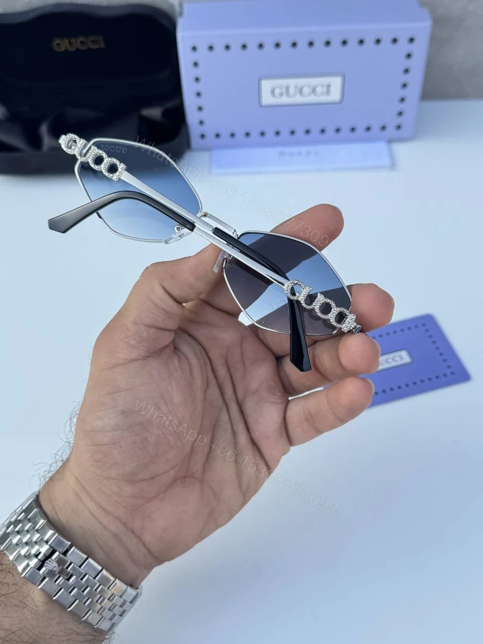 View 4 of First Copy Gucci 1434 Silver Blue Luxury Designer Sunglasses Premium UV Protection Eyewear