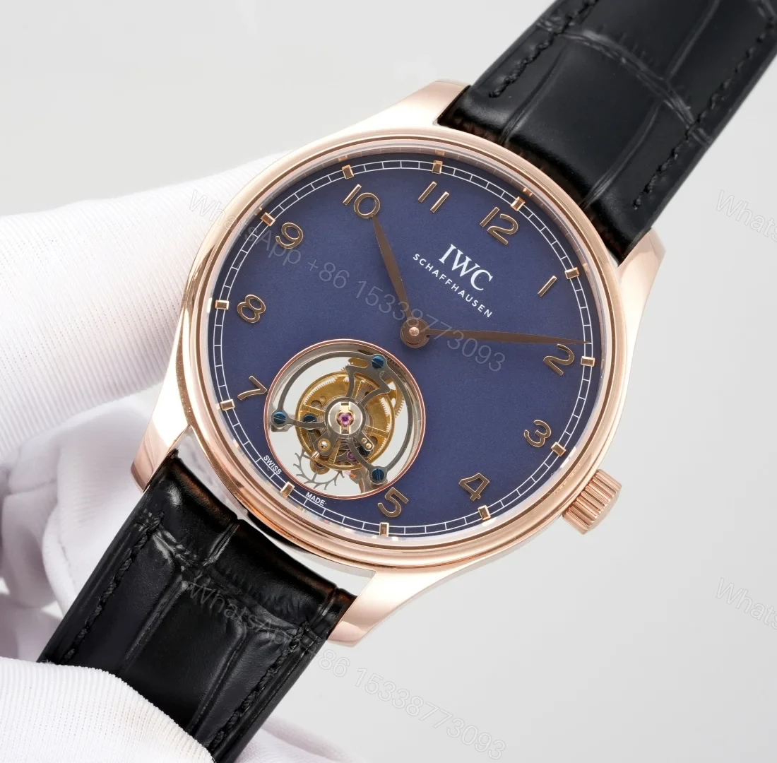 View 2 of IWC Tourbillon Blue Replica 42MM Premium Rose Gold Case Black Leather Strap Edition RG-IWC-TOURBILLON-BLUE-42