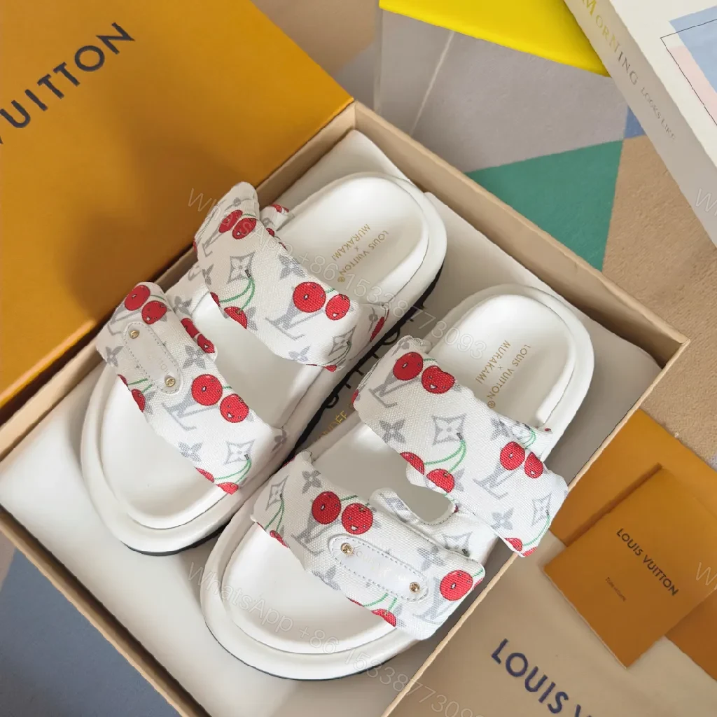 View 7 of White Canvas Cherry-Print Slides with Monogram, Velcro Strap, Comfort