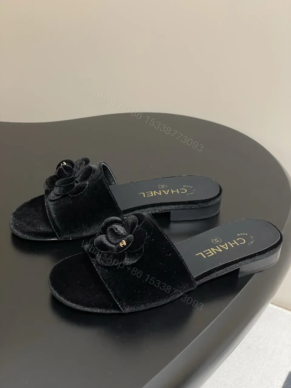 View 8 of Velvet Rose Slide Sandals: Luxury Comfort, Black, Open-Toe