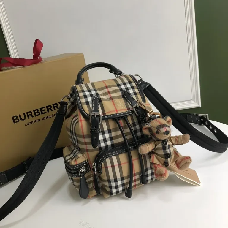 View 2 of Burberry-Inspired Plaid Compact Backpack with Leather Trim