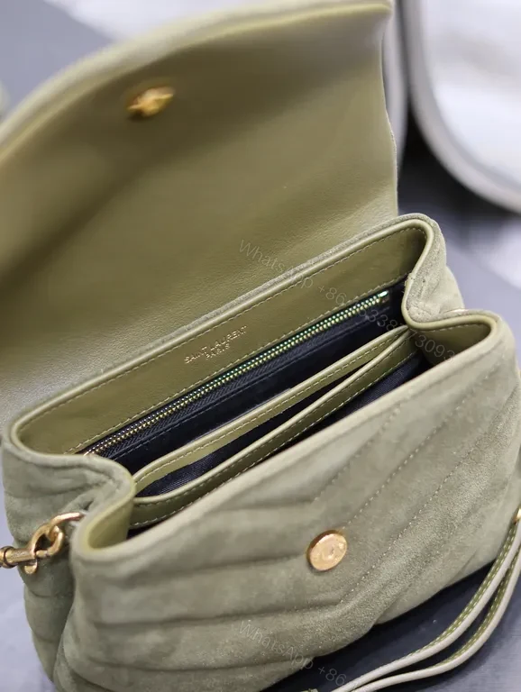 View 4 of Olive Suede Quilted Crossbody with Gold YSL Logo