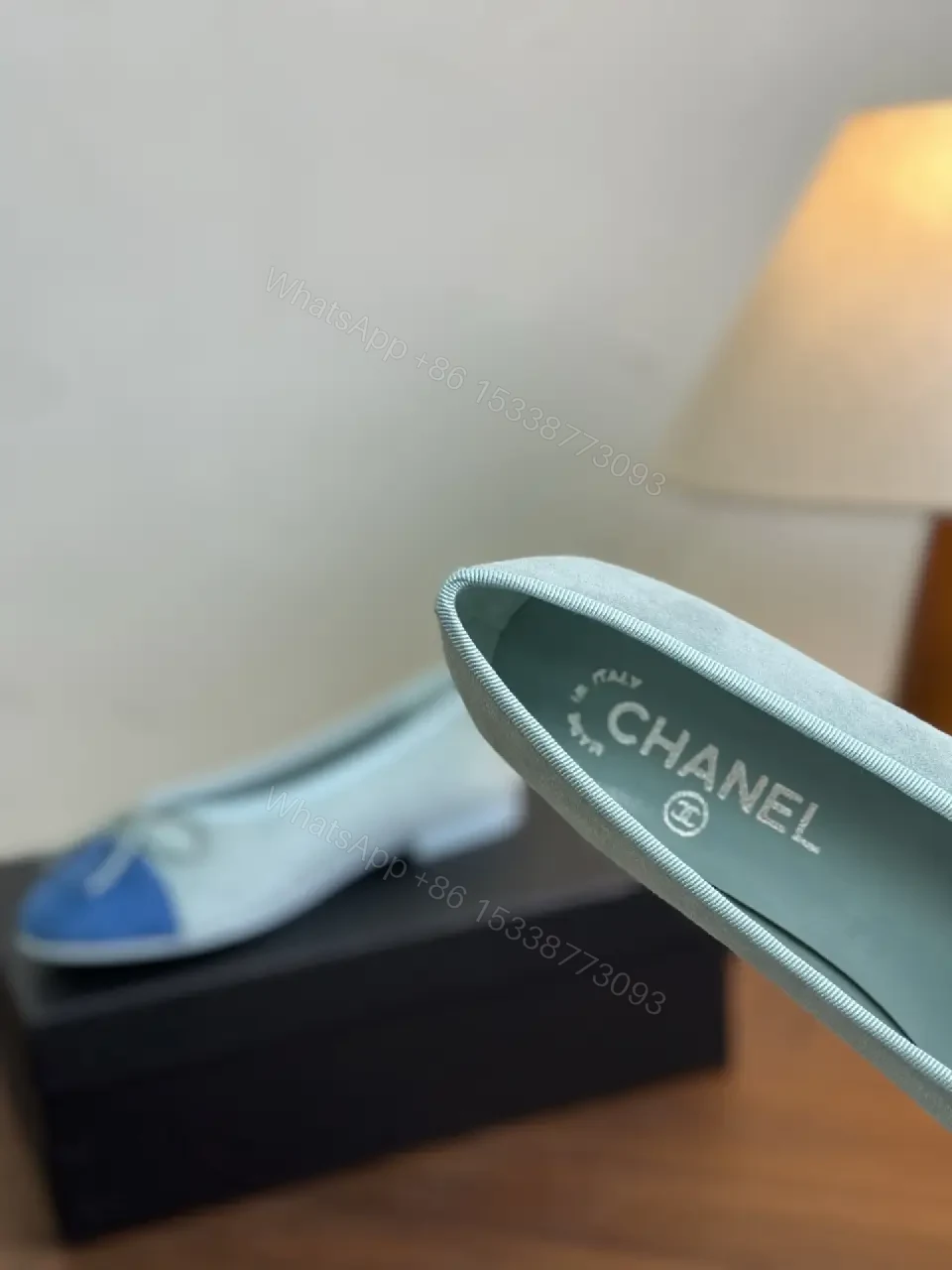 View 2 of Grey leather ballet flats with blue cap-toe and bow, luxury everyday wear