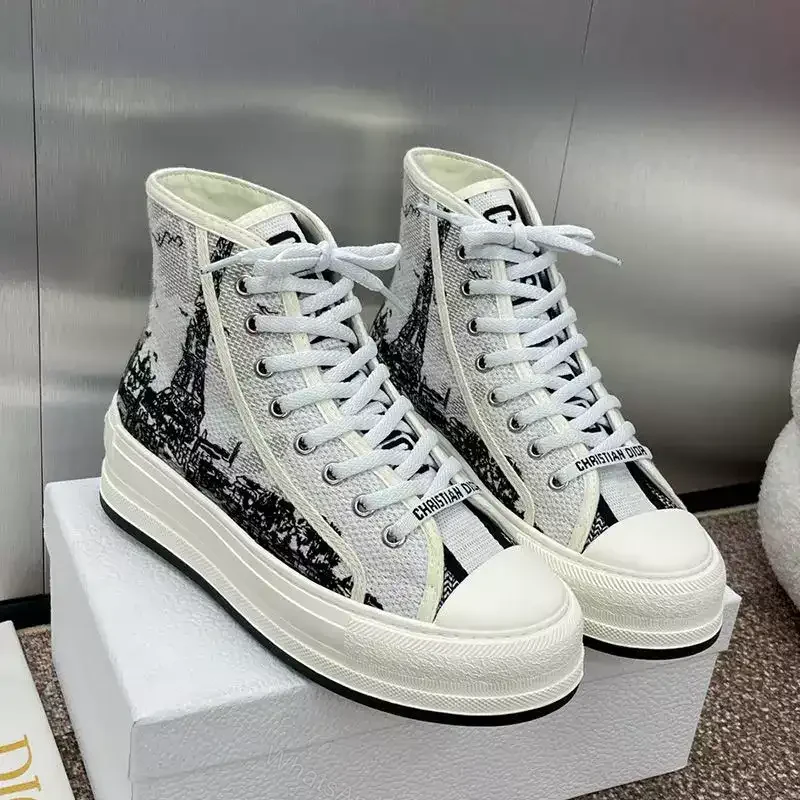 WALK’N’DIOR HIGH-TOP PLATFORM SNEAKERS WOMEN PARIS EIFFEL TOWER EMBROIDERED WHITE – CD165 — view 1