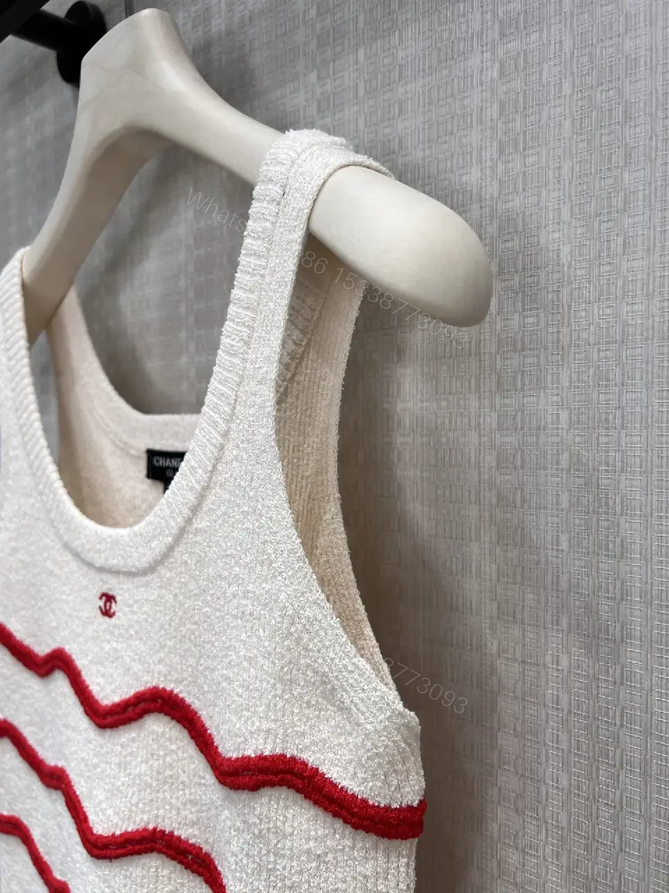 View 8 of White Knit Tank Top Red Wave Knit Sleeveless Chic Chanel-inspired Tank Top