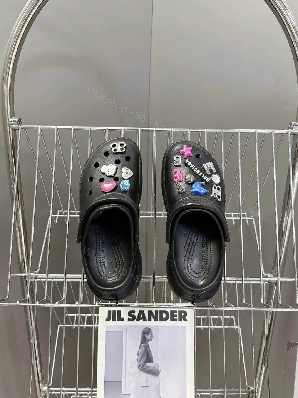 View 8 of Bold Black Faux Leather Clogs with Enamel Charms, All-Day Comfort