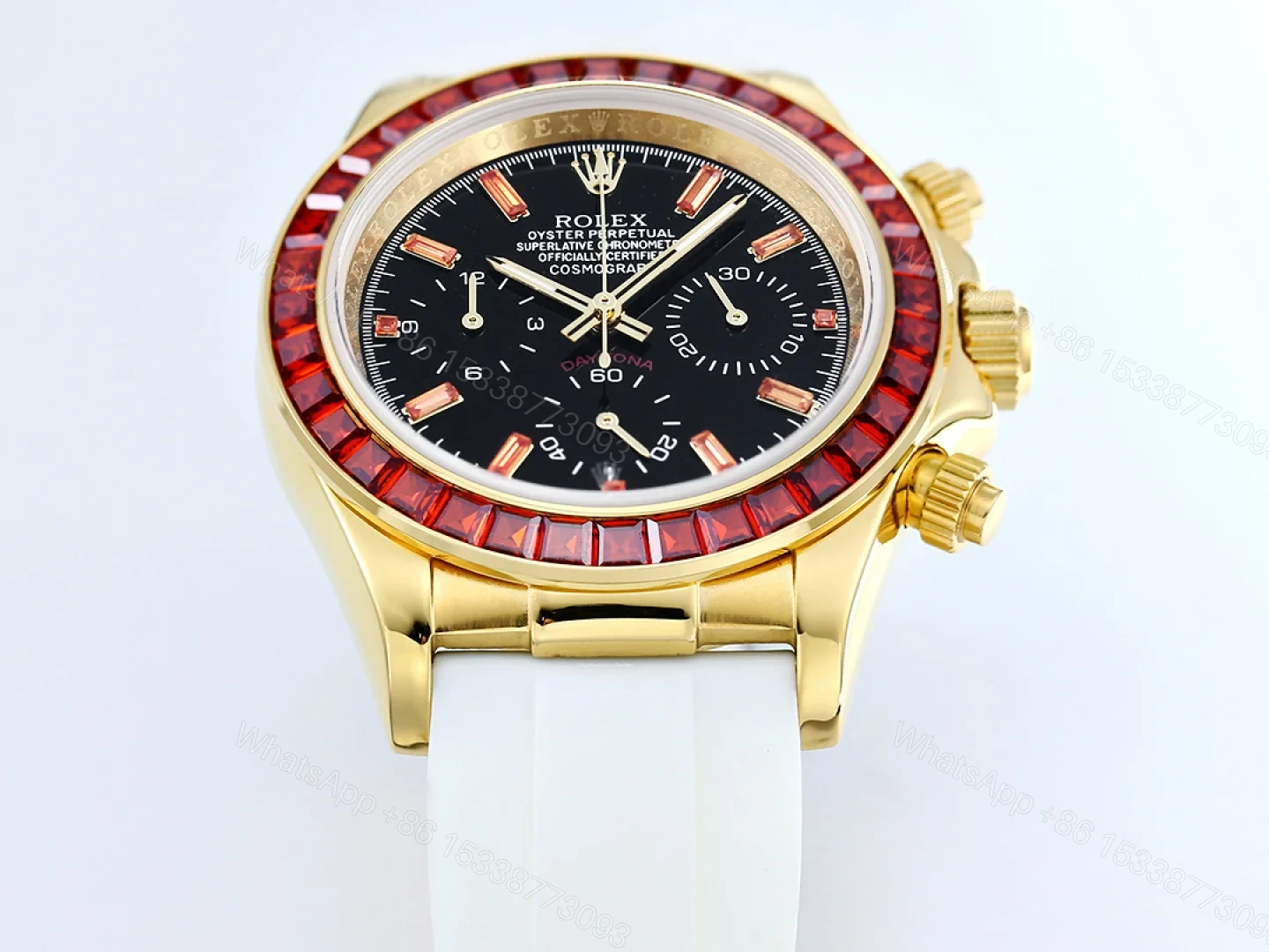 View 4 of Rolex Daytona Ruby Replica 43MM Exclusive Gold Case White Rubber Strap Edition RG-ROLEX-DAYTONA-RUBY-43