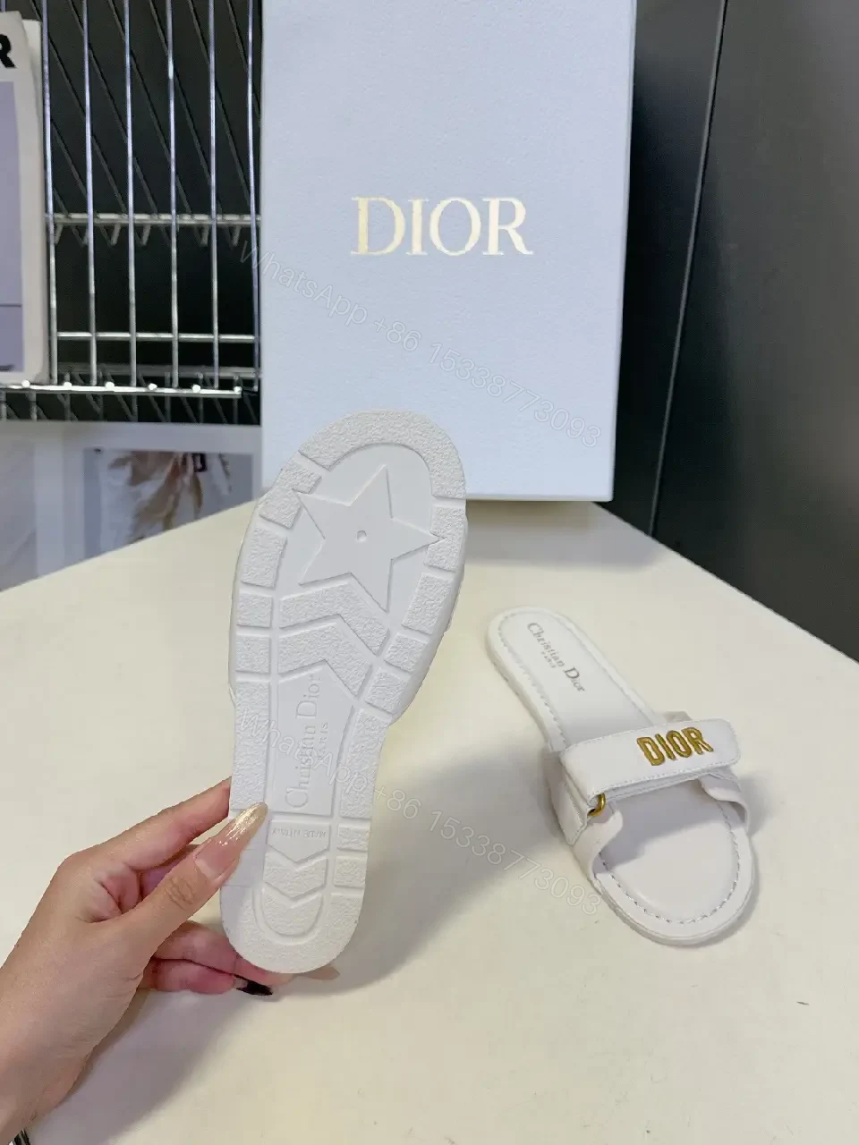 View 4 of White Leather Sandals: Luxe Minimalist Dior-Logo Strap Sandals