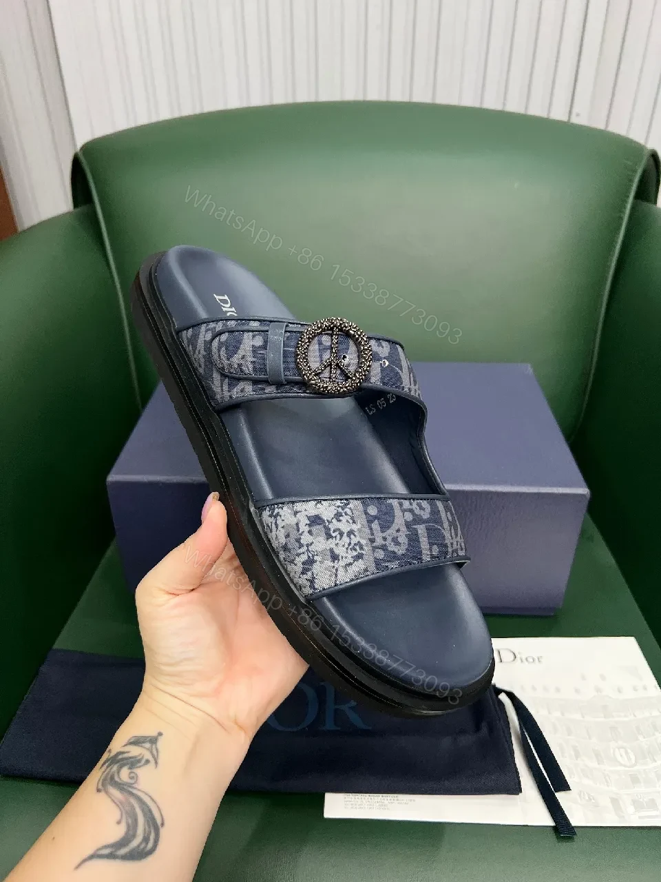 View 3 of Denim-Textured Buckle Sandals: Couture-Comfort Slides