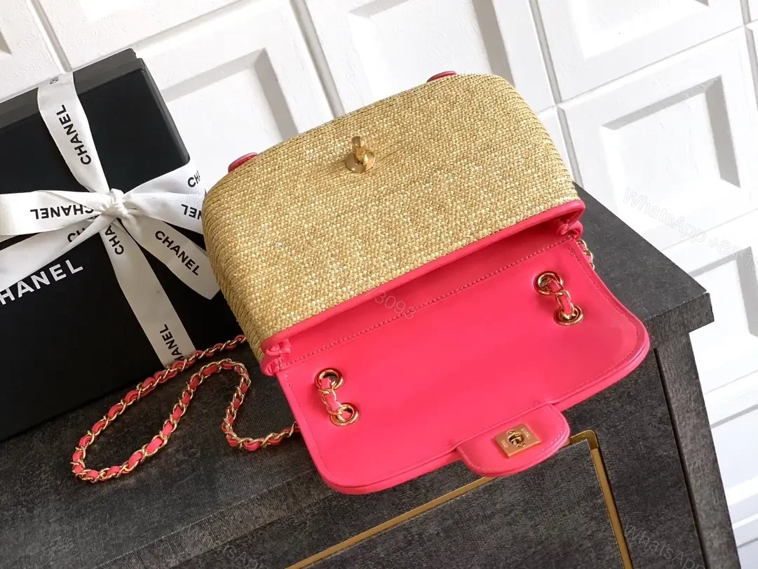 View 3 of Pink Trim Straw Bag with Chain Accent Compact Everyday Luxe