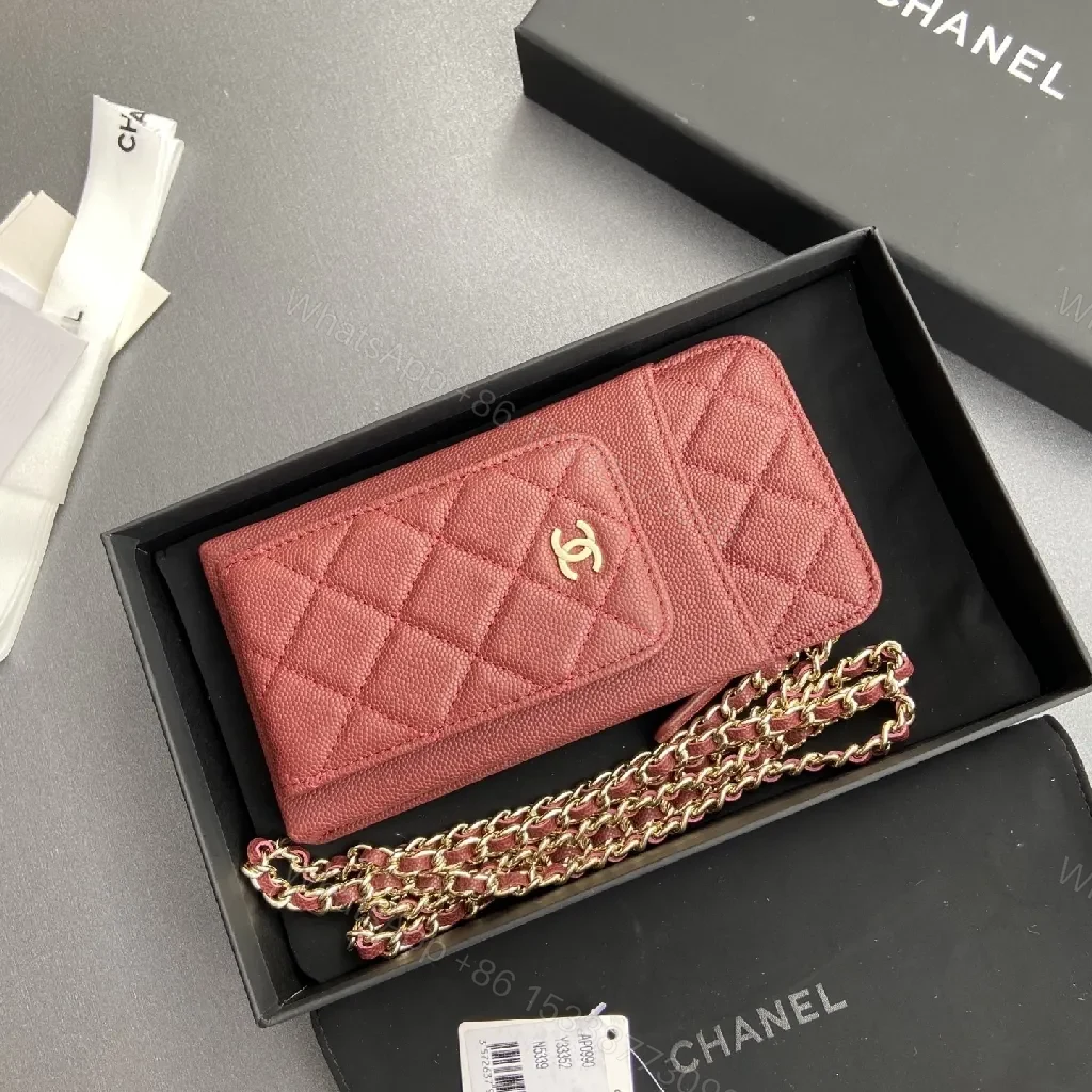 View 2 of Red Quilted Wallet Bag with Gold Chain Strap